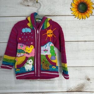 El Condor Girl Kids Sweater Hooded Zip Up Rainbow Scene Farm Animals Peru SZ 2
